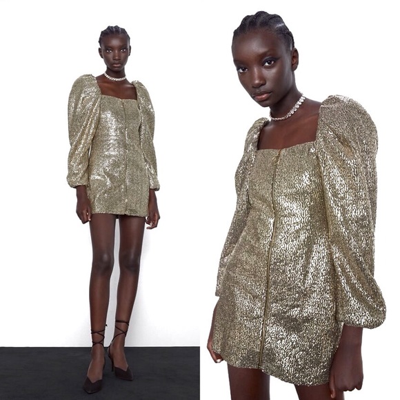 Zara NWT Bloggers Favorite Golden Sequin Puff Sleeve Zipped Party Shimmer Dress - Picture 14 of 16